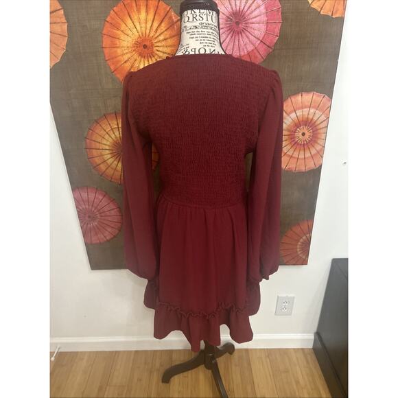 Woman’s Burgundy Smock Bodice MIDI Dress W/Peasant Sleeves Boho Chic Sz M - Picture 4 of 6